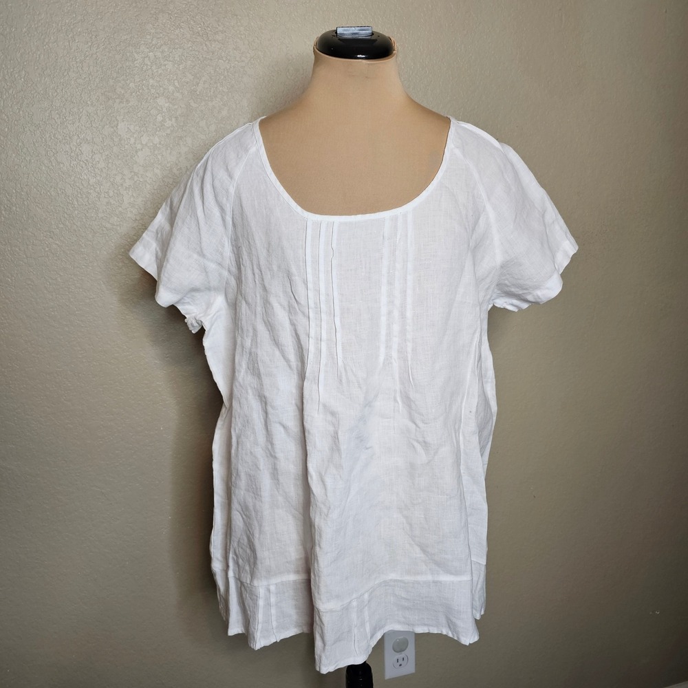 Russ‎ Berens Malibu White 100% Linen Pintuck Pleated Short Sleeve Top Small